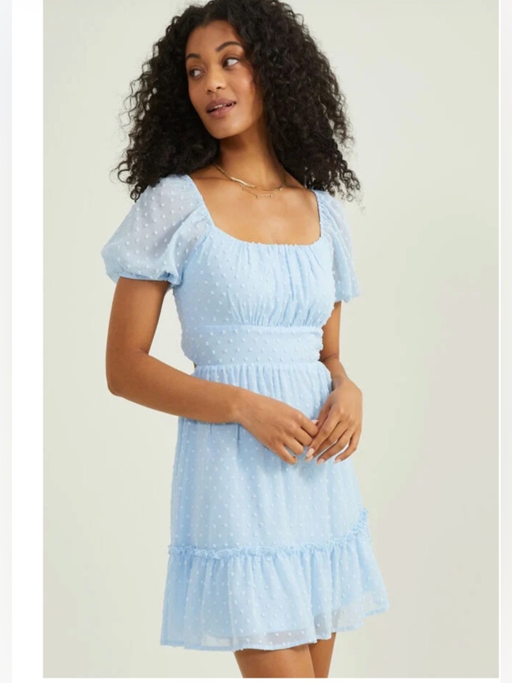 Altar’d State Small Aurelia Clip Dot Mini Dress in Baby-blue Bow Tie Back EUC